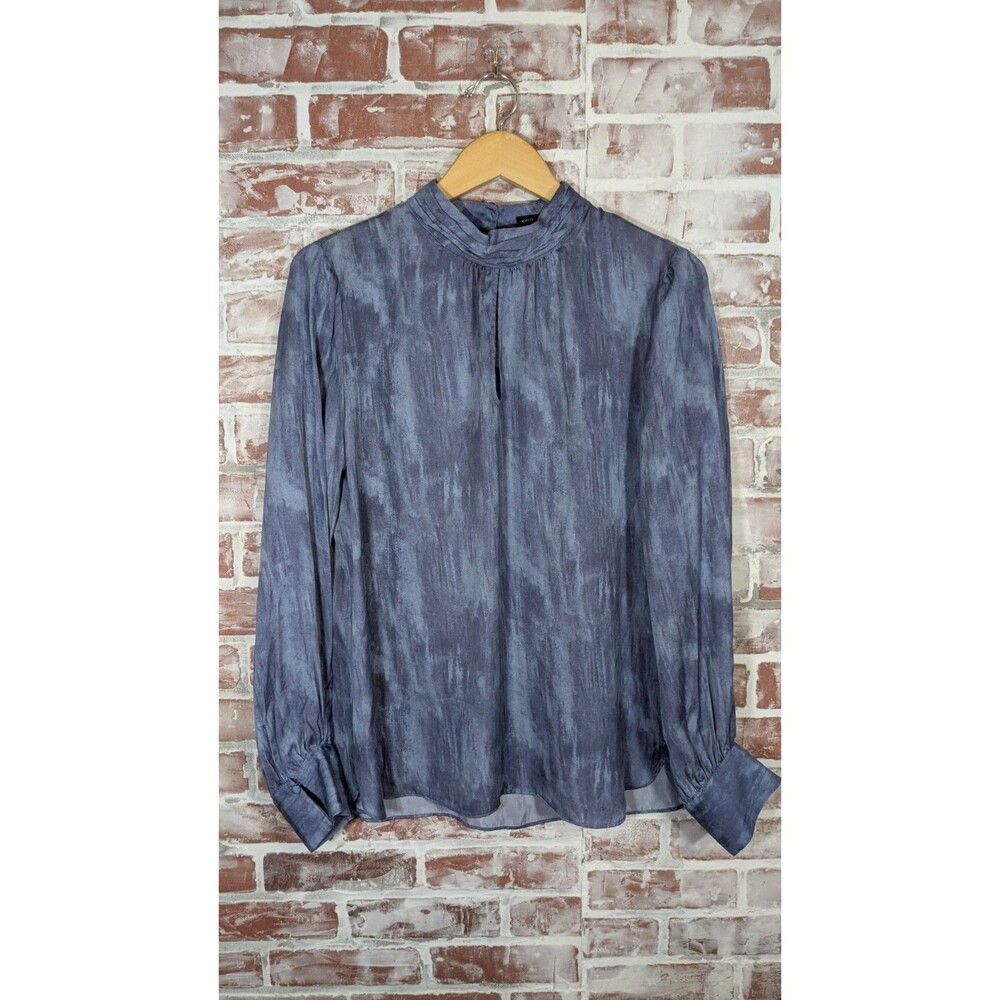 WHBM NWT BLUE SILKY LONG SLEEVE ROMANTIC COQUETTE KEYHOLE HIGH NECK BLOUSE  10
